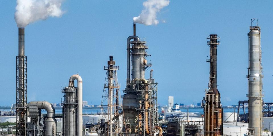 In an aerial view, an oil refinery is seen on September 07, 2022 in Texas City, Texas. Oil and gas companies in Texas have sent more than $10 billion in oil and natural gas production taxes to the state this year according to the state comptroller.