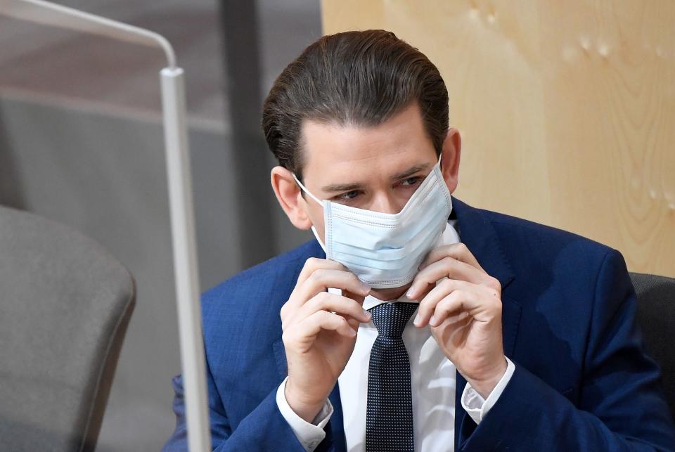 Austria's Chancellor Sebastian Kurz wears a protective mask as he arrives to a special session of the National Council on the 3rd 'Corona Law Package' amidst the novel coronavirus COVID-19 pandemic on April 3, 2020 at the parliament's emergency quarters in Vienna's Hofburg palace. (Photo by ROBERT JÄGER / APA / AFP) / Austria OUT (Photo by ROBERT JAGER/APA/AFP via Getty Images)