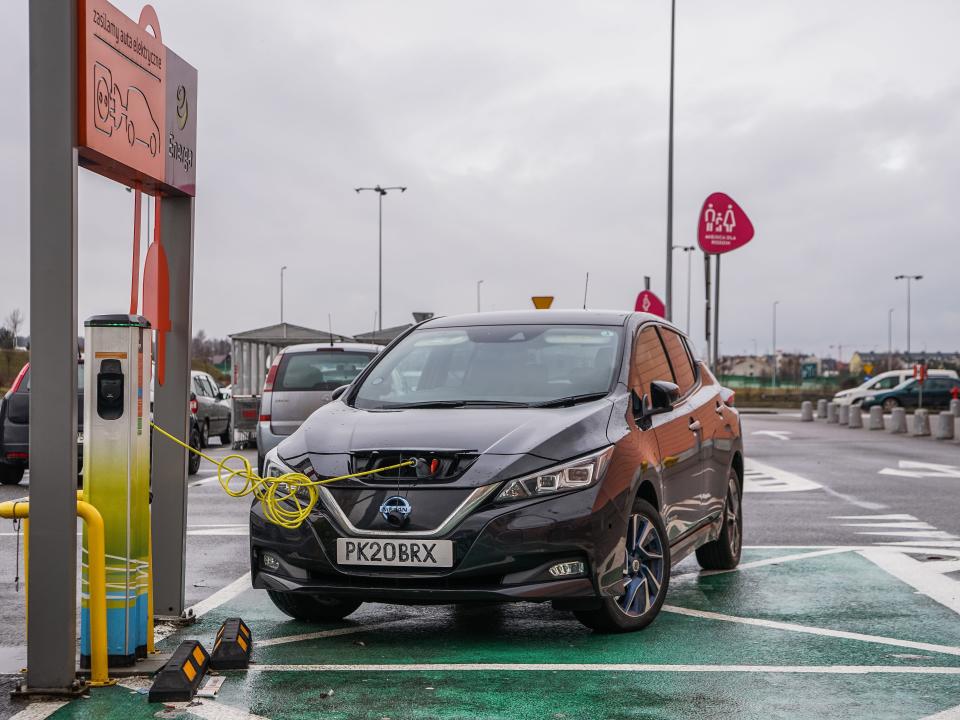 Nissan Leaf at a EV charging station