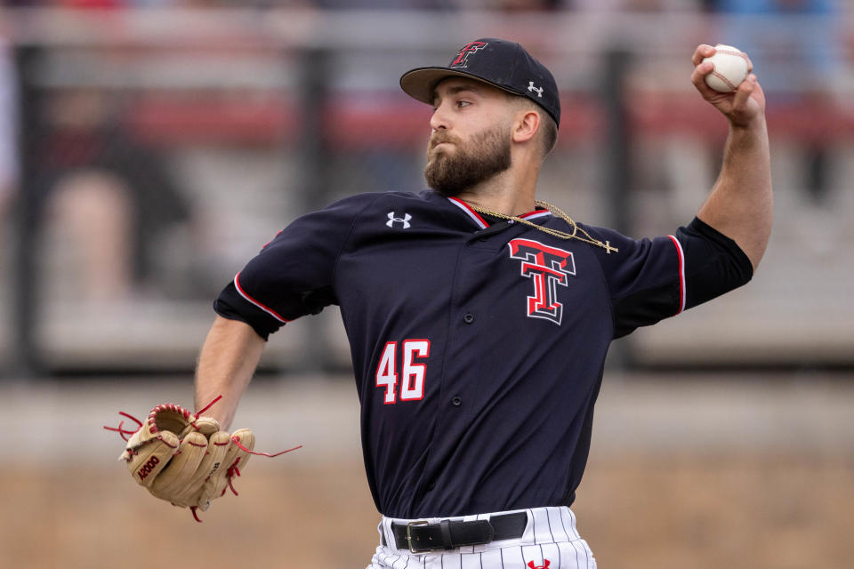 Texas Tech pitcher Ryan Free (46), shown in a home game last week, was the winning pitcher Friday night in the Red Raiders' victory at TCU. The senior lefthander allowed three hits and one run in five innings.