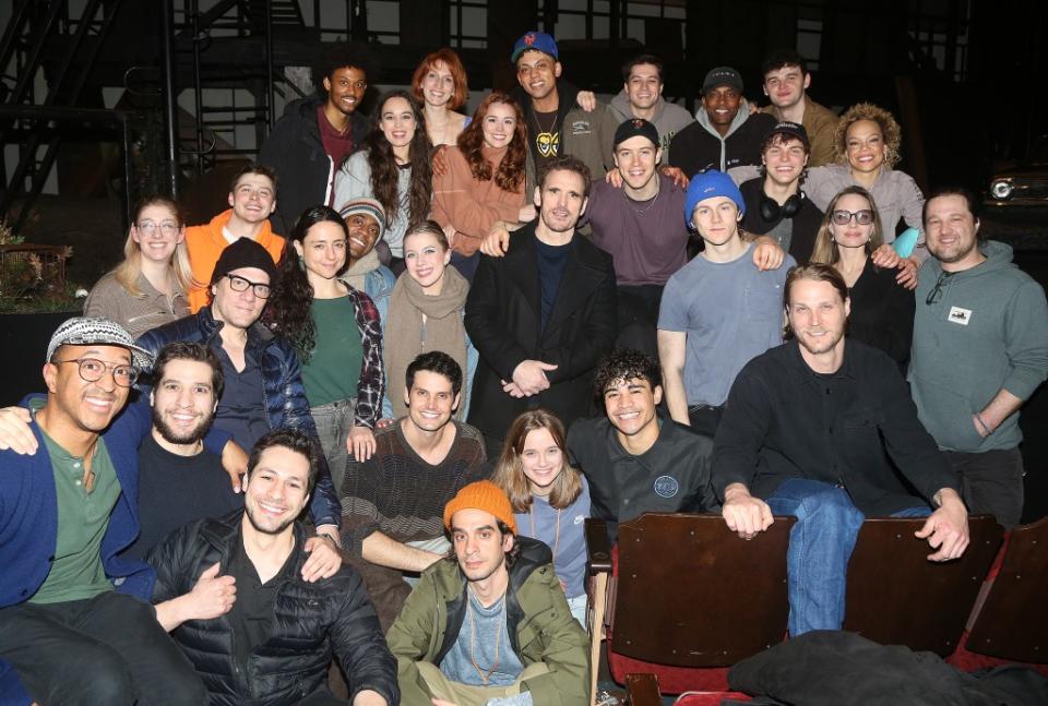 Producer Angelina Jolie, Vivienne Jolie-Pitt and Matt Dillon with the cast and company backstage at “The Outsiders.” Bruce Glikas/WireImage