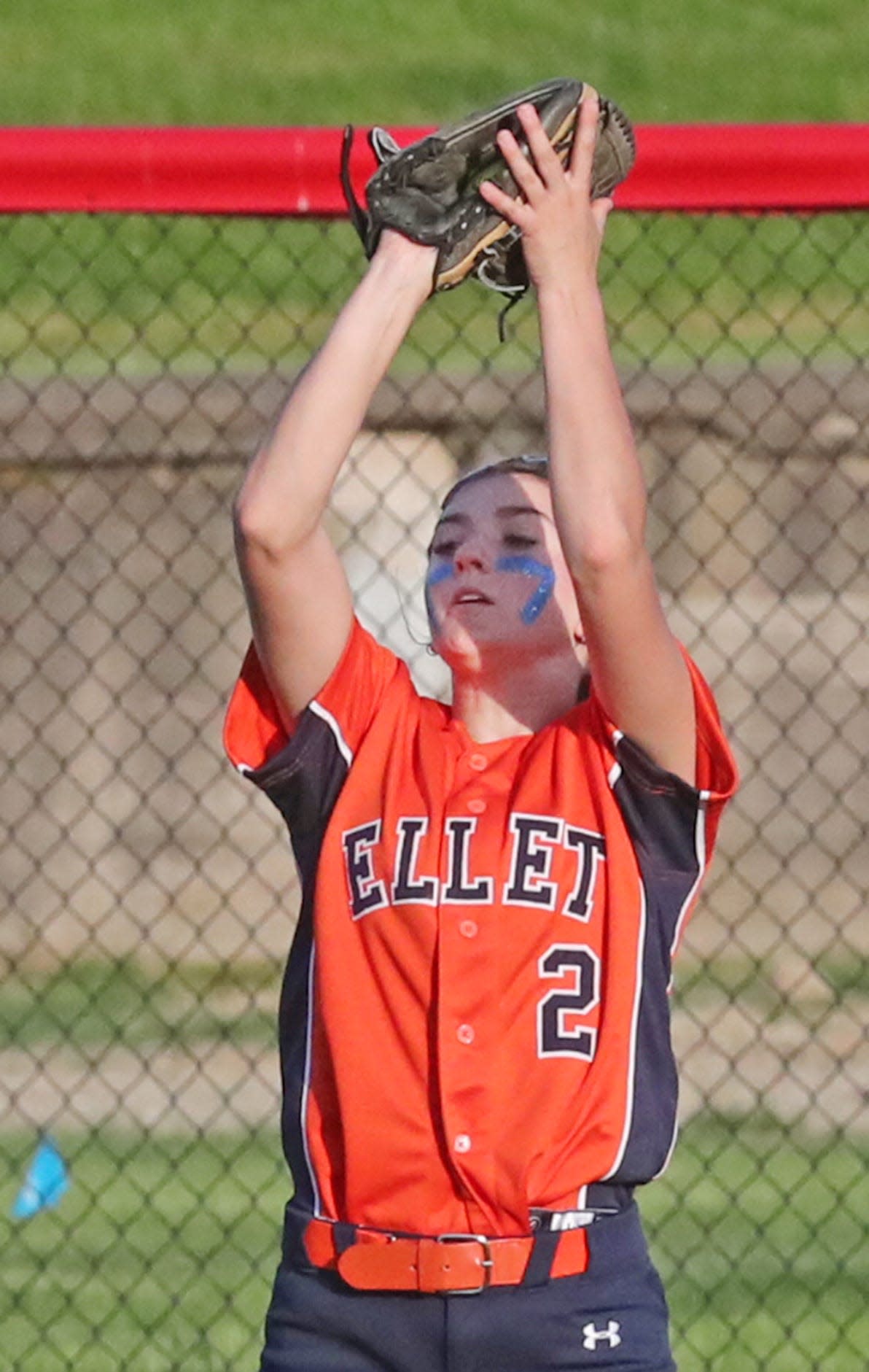 Ellet Emily Kearns catches a fly ball for an out against Firestone during their game at Firestone Stadium on Monday, April 29, 2024 in Akron.