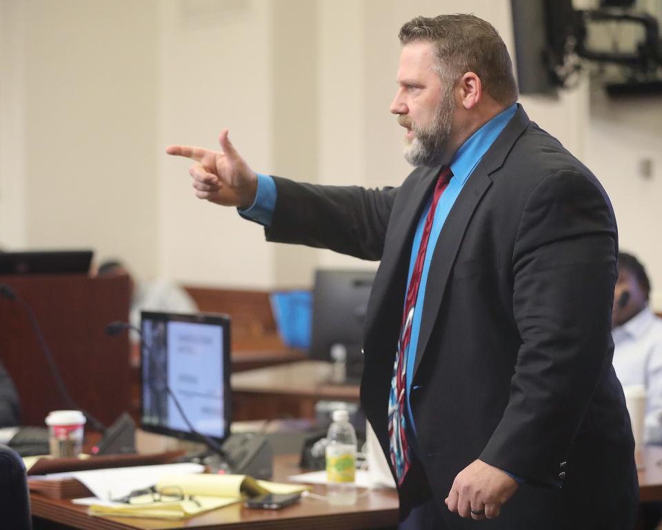 Assistant Summit County Prosecutor Kevin Mayer gestures while giving closing remarks to the jury in the Cameron Jones trial on Friday in Akron.