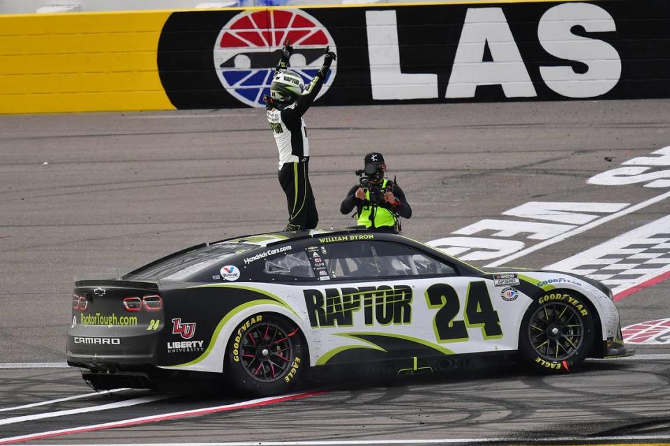 Mar 5, 2023; Las Vegas, Nevada, USA; NASCAR Cup Series driver William Byron (24) celebrates his victory of the Pennzoil 400 at Las Vegas Motor Speedway. Mandatory Credit: Gary A. Vasquez-USA TODAY Sports