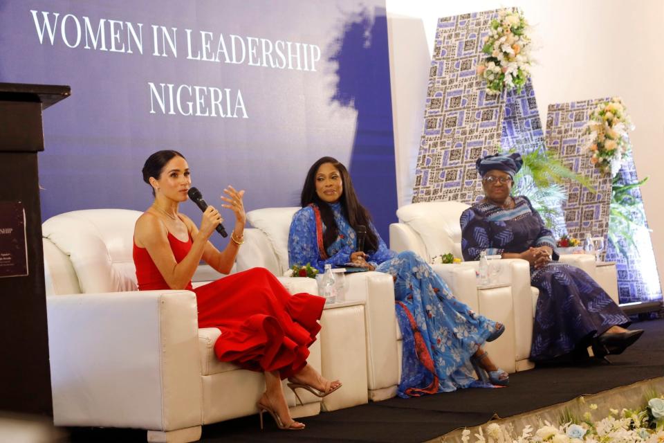 Meghan Markle speaks at a Women in Leadership event co-hosted with Ngozi Okonjo-Iweala in Nigeria in May 2024.
