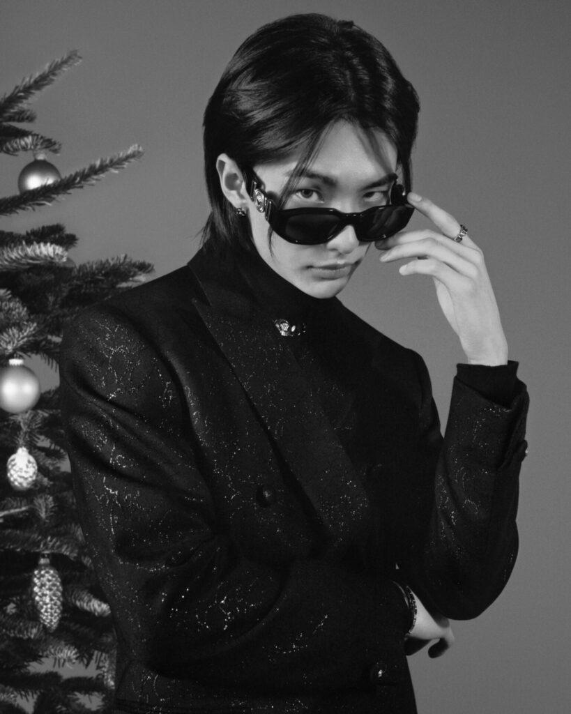 Hyunjin wears wool and Barocco lurex double-breasted tailored jacket; virgin wool rollneck; Medusa Biggie sunglasses (Picture: Versace, Photography: Angelo Pennetta)