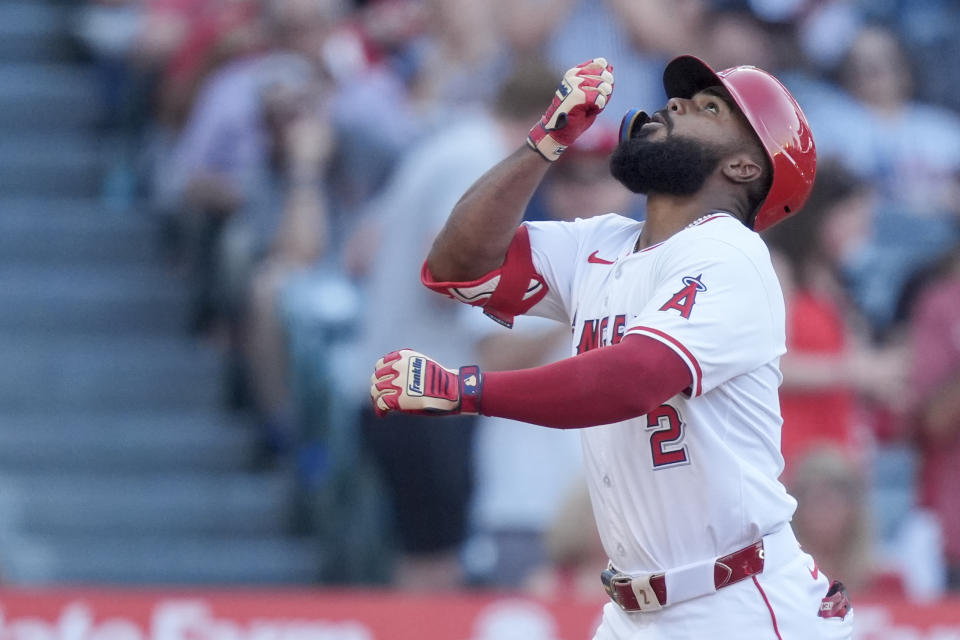 Los Angeles Angels' Luis Rengifo celebrates his two-run home run against the Detroit Tigers during the fifth inning of a baseball game Thursday, June 27, 2024, in Anaheim, Calif. (AP Photo/Ryan Sun)