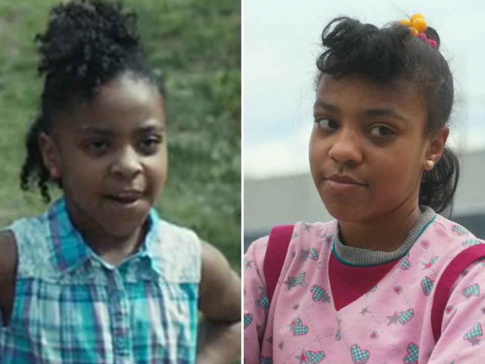 left: a young priah ferguson on atlanta wearing a sleeveless, blue plaid shirt; right: an older, teenage priah ferguson on stranger things, with curled bangs and a pink shirt