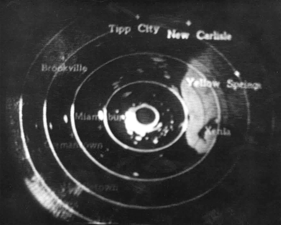 Gil Whitney, a weather specialist for WHIO-TV, is credited with saving lives during the 1974 Xenia tornado when he spotted a hook echo shape on newly installed radar and broke into programming to warn residents to take cover. PHOTO: WHIO-TV