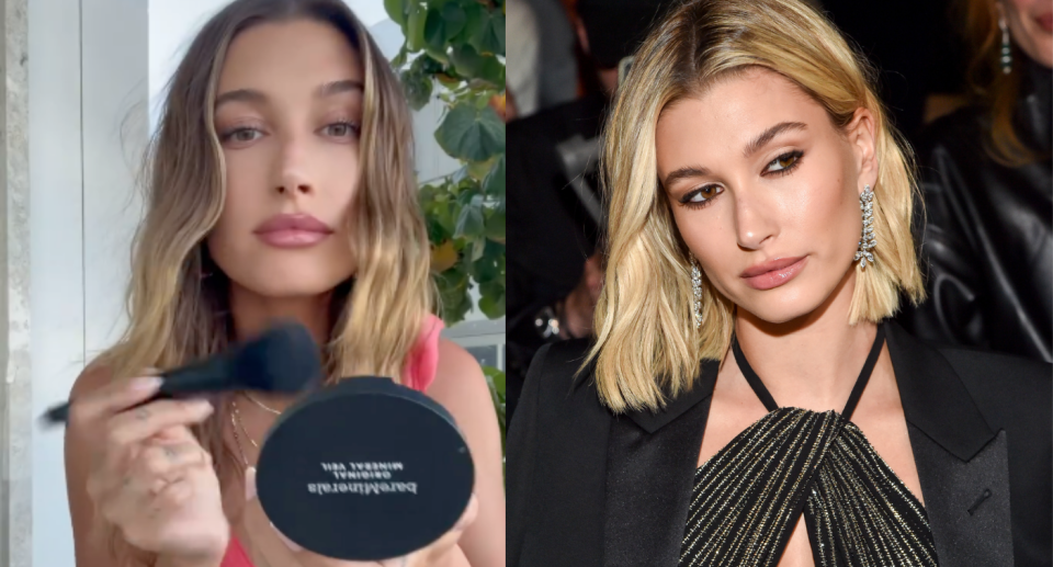 Hailey Bieber adds the finishing touch to her makeup with BareMinerals Powder. Images via Instagram/HaileyBieber, Stephane Cardinale - Corbis/Corbis via Getty Images.