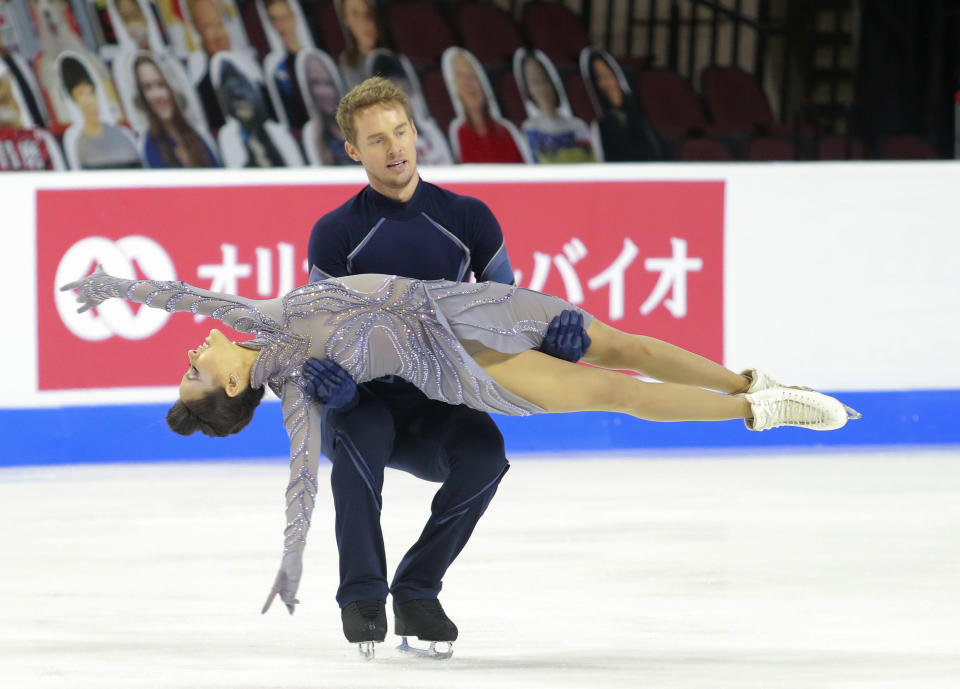 Madison Chock and Evan Bates perform in the free dance at the Skate America figure skating event Sunday, Oct. 24, 2021, in Las Vegas. (AP Photo/Ronda Churchill)