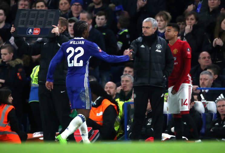 Mourinho made sure he shared a public embrace with Willian during United’s FA Cup quarter-final at Chelsea earlier this month