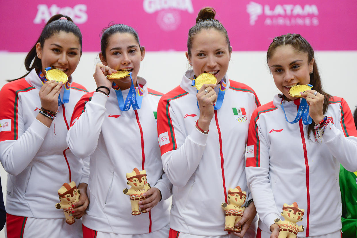 LIMA, PERU - AUGUST 10: (L-R) Alexandra Herrera, Montserrat Mejia, Samantha Salas and Paola Longoria, of Mexico pose during Medal Ceremony Racquetball Women's Team Gold Medal on Day 15 of Lima 2019 Pan American Games at Raquetball Courts of Villa Deportiva Regional del Callao on August 10, 2019 in Lima, Peru.(Photo by Jaime Lopez/Jam Media/Getty Images)