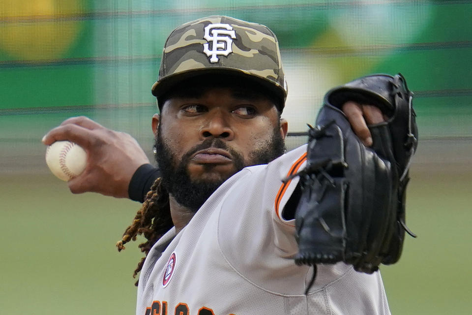San Francisco Giants starting pitcher Johnny Cueto delivers during the first inning of the team's baseball game against the Pittsburgh Pirates in Pittsburgh, Saturday, May 15, 2021. (AP Photo/Gene J. Puskar)
