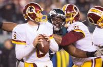 Dec 26, 2015; Philadelphia, PA, USA; Philadelphia Eagles defensive end Fletcher Cox (91) sacks Washington Redskins quarterback Kirk Cousins (8) during the third quarter at Lincoln Financial Field. Mandatory Credit: Bill Streicher-USA TODAY Sports