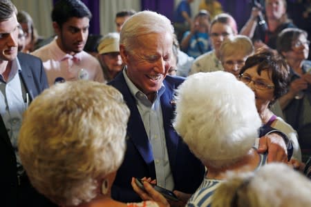 Democratic 2020 U.S. presidential candidate and former Vice President Joe Biden greets supporters at an event at Iowa Wesleyan University in Mount Pleasant