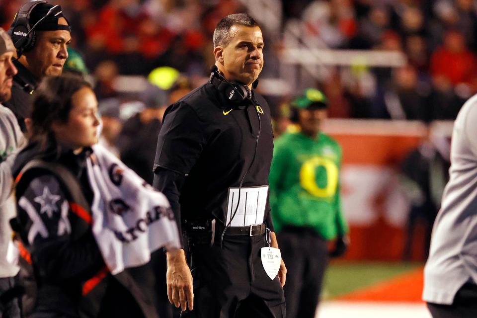 Oregon head coach Mario Cristobal reacts in the fourth quarter against Utah at Rice-Eccles Stadium.