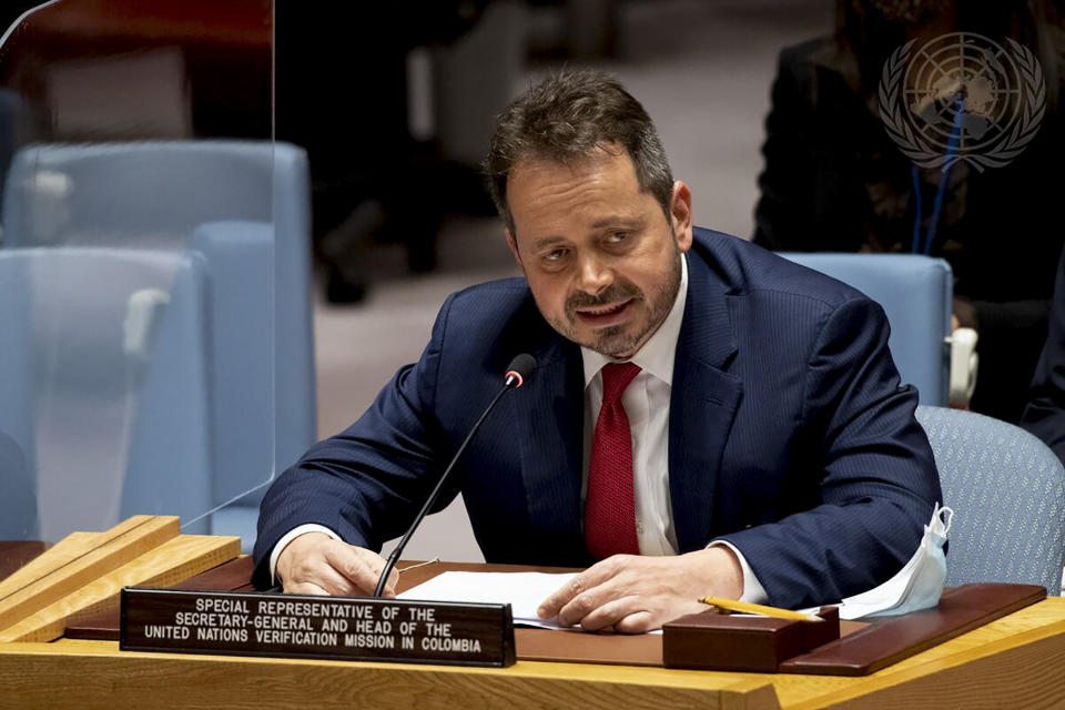 Carlos Ruiz Massieu, Special Representative of the Secretary-General and Head of the United Nations Verification Mission in Colombia (UNVMC), briefs the Security Council meeting on the situation in Colombia, Tuesday, July 13, 2021, at U.N. headquarters. (Eskinder Debebe/UN Photo via AP)