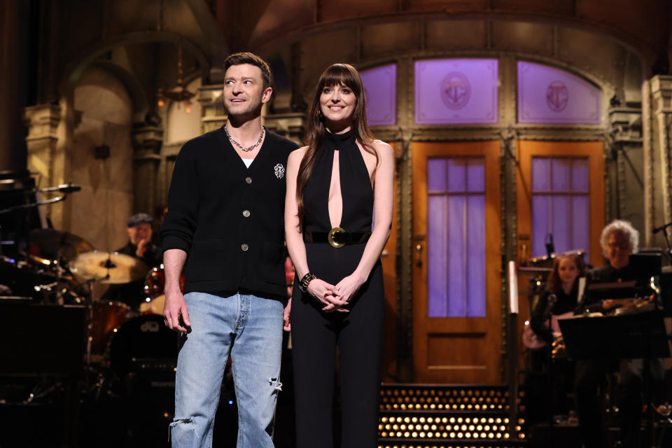 SATURDAY NIGHT LIVE -- Episode 1854 -- Pictured: (l-r) Musical guest Justin Timberlake and host Dakota Johnson during the Monologue Saturday, January 27, 2024 -- (Photo by: Will Heath/NBC via Getty Images)