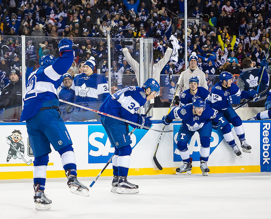 <p>Leafs rookie Auston Matthews - who else? - scored the winning goal on Wings rookie goalie Jared Coreau with 1:20 left in overtime as Toronto beat Detroit 5-4 in front of more than 40,000 fans. (Getty Images) </p>