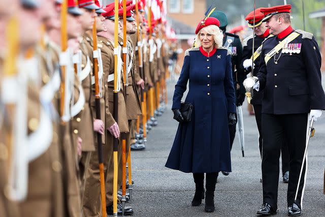 <p>Chris Jackson/WPA Pool/Getty</p> Queen Camilla visits The Royal Lancers on April 22, 2024 in Catterick, England.