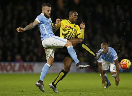 Football Soccer - Watford v Manchester City - Barclays Premier League - Vicarage Road - 2/1/16 Watford's Odion Ighalo in action with Manchester City's Nicolas Otamendi Reuters / Stefan Wermuth Livepic