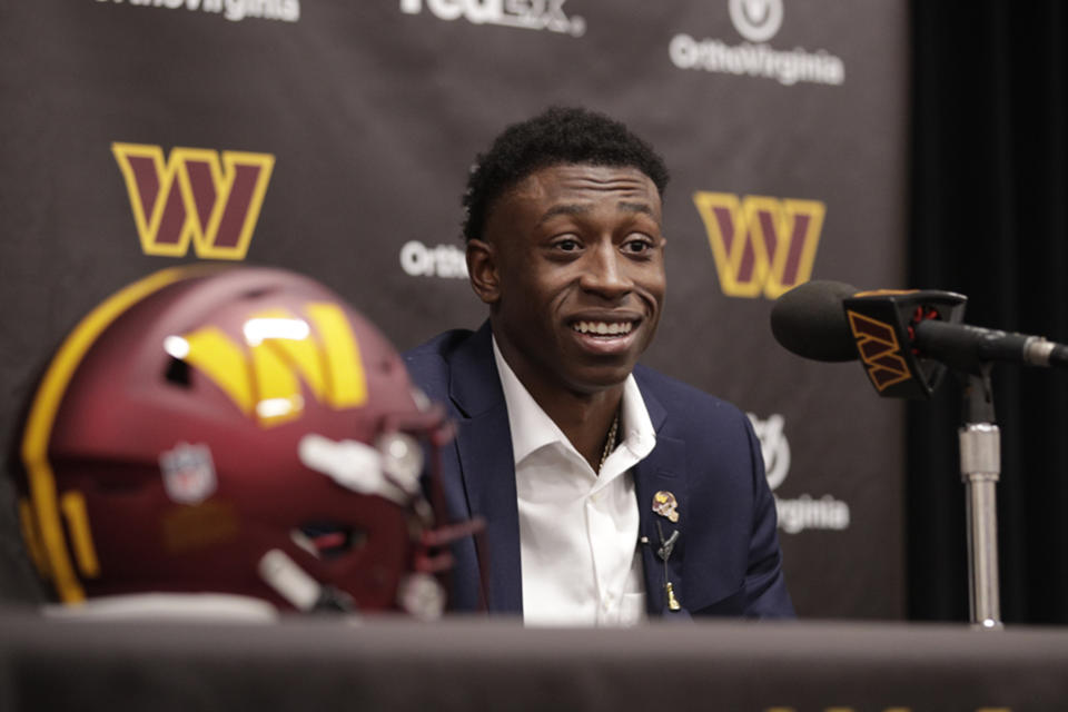 Washington Commanders first-round draft pick Mississippi State cornerback Emmanuel Forbes, talks during a news conference at the team's NFL football training facility in Ashburn, Va., Friday, April 28, 2023. (AP Photo/Luis M. Alvarez)