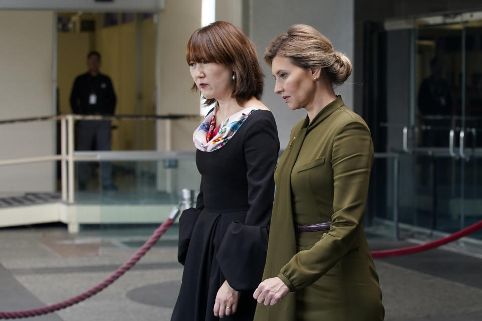Olena Zelenska, right, spouse of Ukrainian's President Volodymyr Zelenskyy, walks out of the State Department, Monday, July 18, 2022 in Washington, after meeting with Secretary of State Antony Blinken in a closed-to-press meeting. (AP Photo/Patrick Semansky)