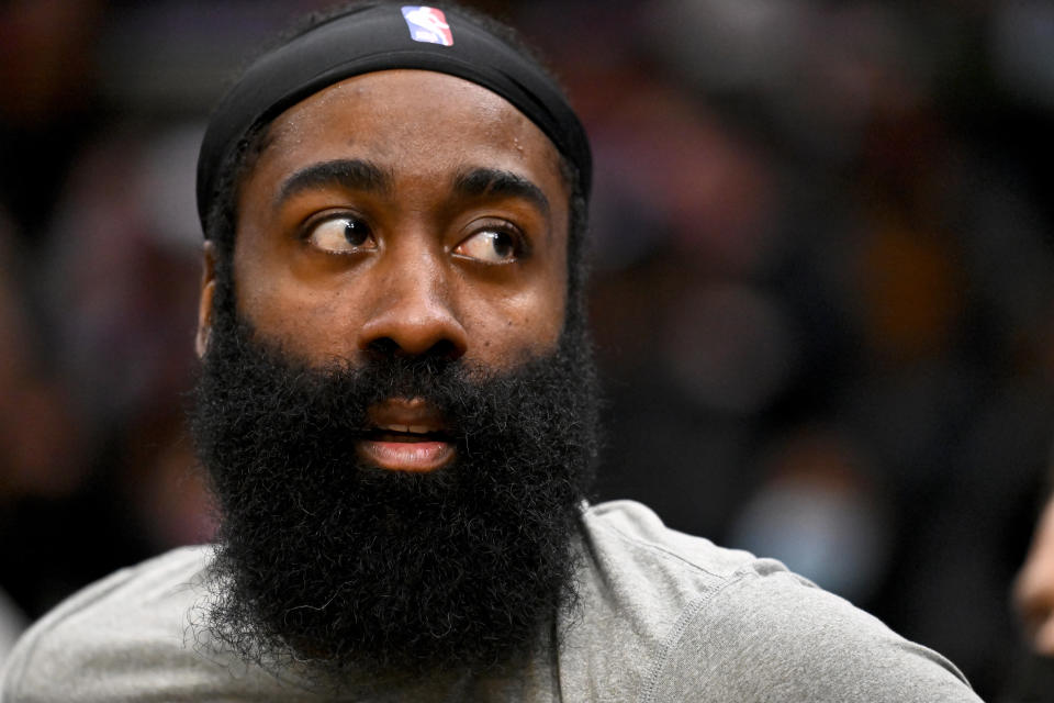 CLEVELAND, OHIO - JANUARY 17: James Harden #13 of the Brooklyn Nets watches from the bench during the third quarter against the Cleveland Cavaliers at Rocket Mortgage Fieldhouse on January 17, 2022 in Cleveland, Ohio. The Cavaliers defeated the Nets 114-107. NOTE TO USER: User expressly acknowledges and agrees that, by downloading and/or using this photograph, user is consenting to the terms and conditions of the Getty Images License Agreement. (Photo by Jason Miller/Getty Images)