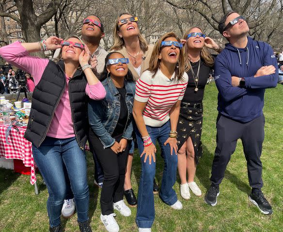 <p>NBC TODAY</p> (L-R) Dylan Dreyer, Craig Melvin, Sheinelle Jones, Savannah Guthrie, Hoda Kotb, Jenna Bush Hager and Carson Daly at The Museum of Natural History for the Solar Eclipse on Monday, April 8, 2024.