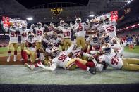 San Francisco 49ers' Fred Warner (54) and teammates celebrate his interception against the Kansas City Chiefs during the second half of the NFL Super Bowl 54 football game Sunday, Feb. 2, 2020, in Miami Gardens, Fla. (AP Photo/Mark J. Terrill)
