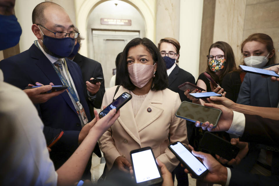 Rep. Pramila Jayapal, D-Wash., passes reporters after a meeting with House Speaker Nancy Pelosi in her office in the U.S. Capitol on Tuesday.