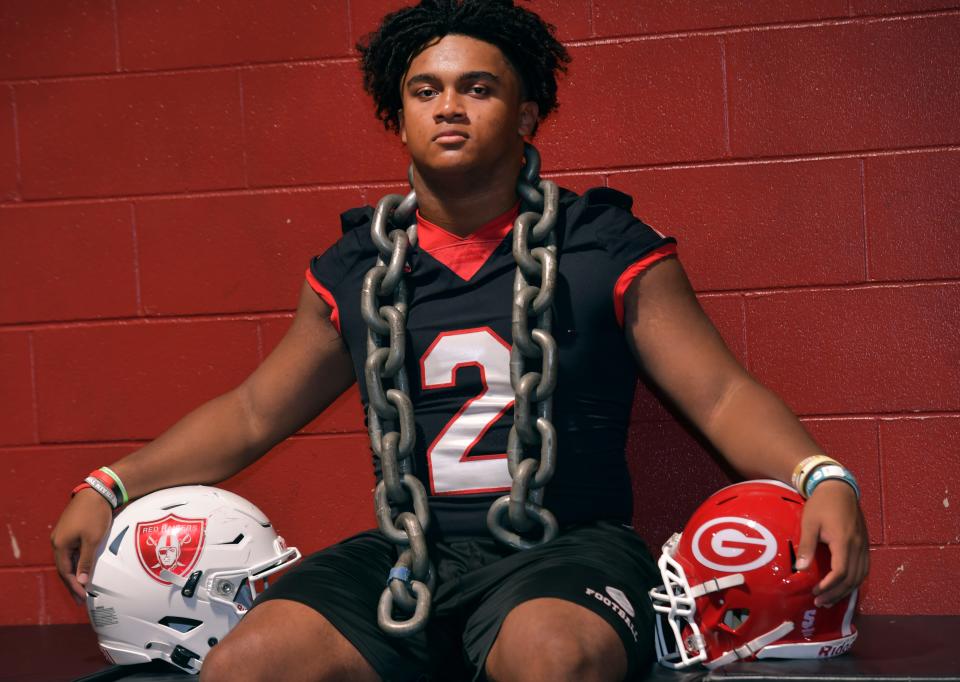 Greenville defensive end Jayden Wilson-Abrams poses for a photograph at the Red Raiders weight lifting facility for the Dandy Dozen photoshoot series.