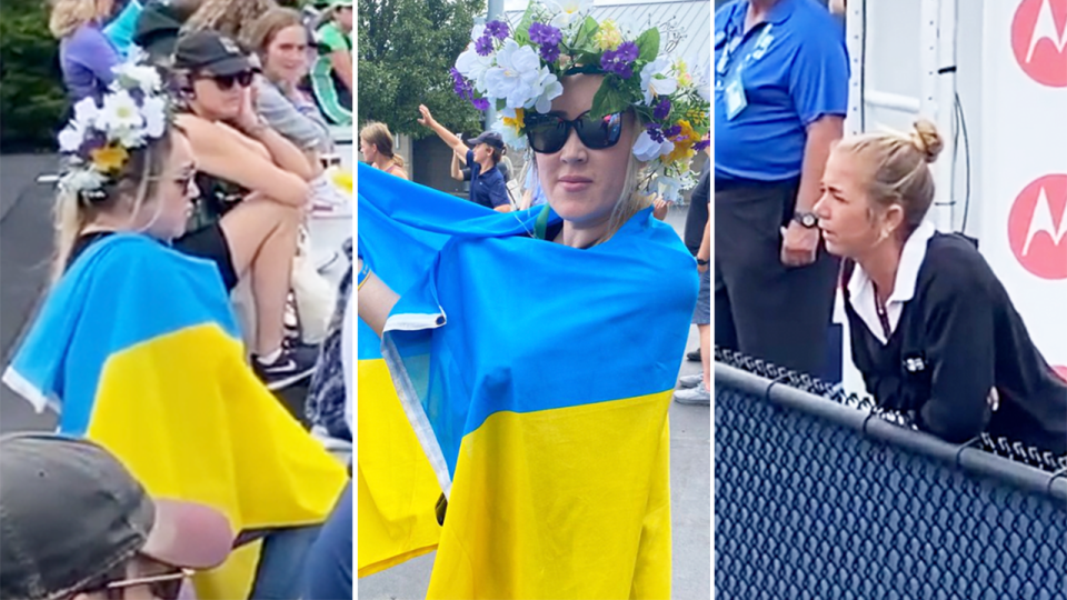 A fan (pictured middle) wearing an Ukraine flag at the Cincinnati Masters and (pictured far right) the chair umpire speaking to the fan.