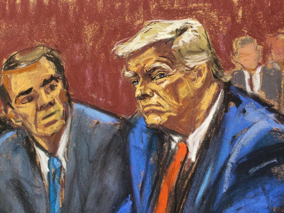 Former U.S. President Trump appears on classified document charges after a federal indictment at Wilkie D. Ferguson Jr. United States Courthouse, alongside his aide Walt Nauta and attorneys Chris Kise and Todd Blanche in Miami, Florida, U.S., June 13, 2023 in a courtroom sketch (REUTERS)