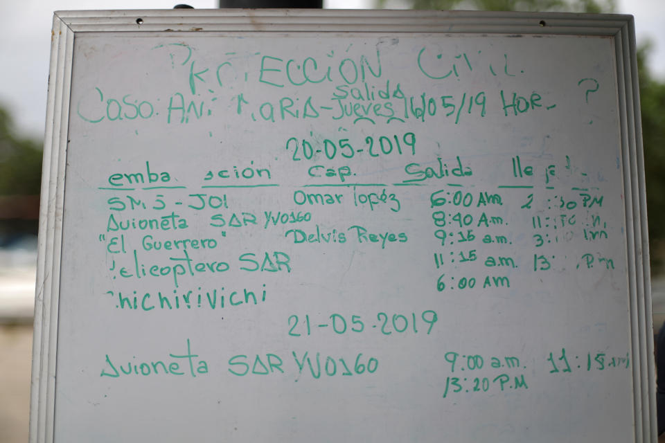 A whiteboard of the Civil Protection authority shows search operations data of the Ana Maria boat, near where Maroly Bastardo, disappeared in the Caribbean Sea, in Guiria, Venezuela, on May 23. (Photo: Ivan Alvarado/Reuters)