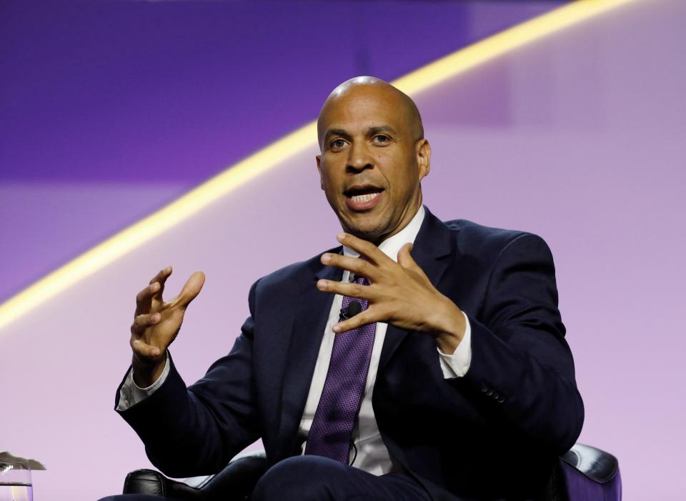 Democratic presidential hopeful Cory Booker addresses the Presidential Forum at the NAACP's 110th National Convention at Cobo Center on July 24, 2019, in Detroit, Michigan. (Photo by JEFF KOWALSKY / AFP)        (Photo credit should read JEFF KOWALSKY/AFP/Getty Images)