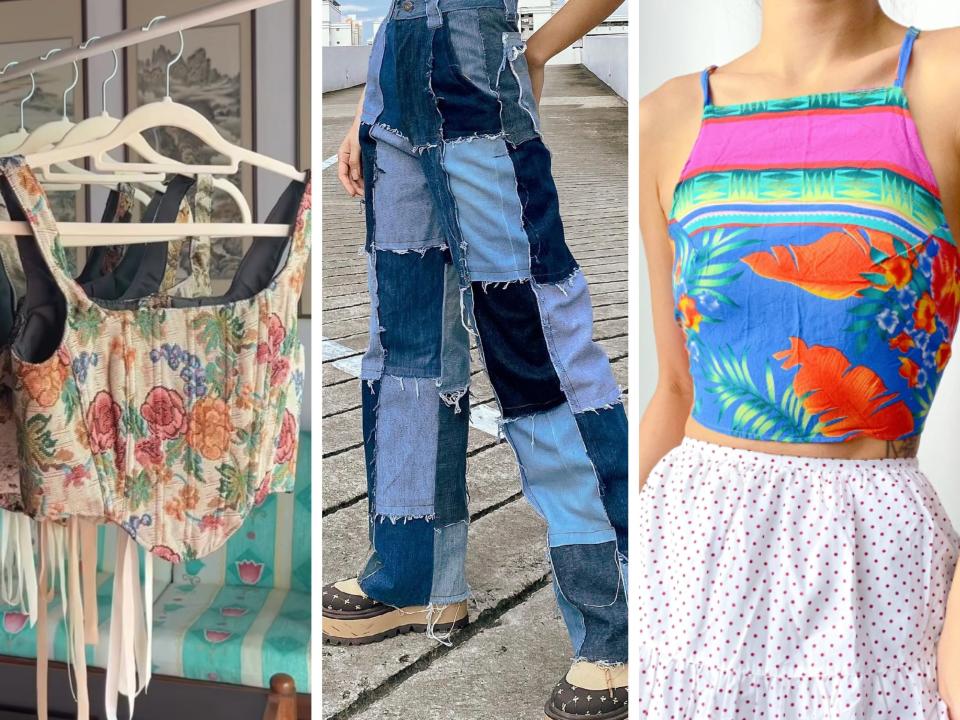 A collage of some of the brand's most popular reworked items, including tapestry corsets, patchwork jeans, and halter tops.