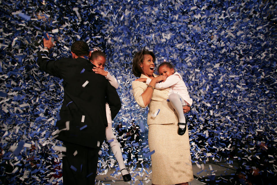 <p>In this sweet family shot the Obama family celebrate Barack’s victory over Republican, Alan Keyes. <em>[Photo: Getty]</em> </p>