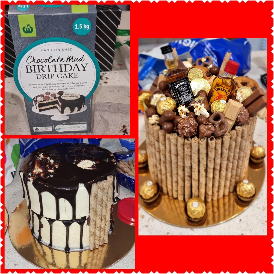 A montage of photos showing two Woolies mud cakes being transformed into a more sophisticated and professional cake.