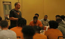 Texas Longhorns head coach Tom Herman talks with the team before the game with the LSU Tigers Saturday Sept. 7, 2019 at the team hotel in Austin, Tx. ( Photo by Edward A. Ornelas )