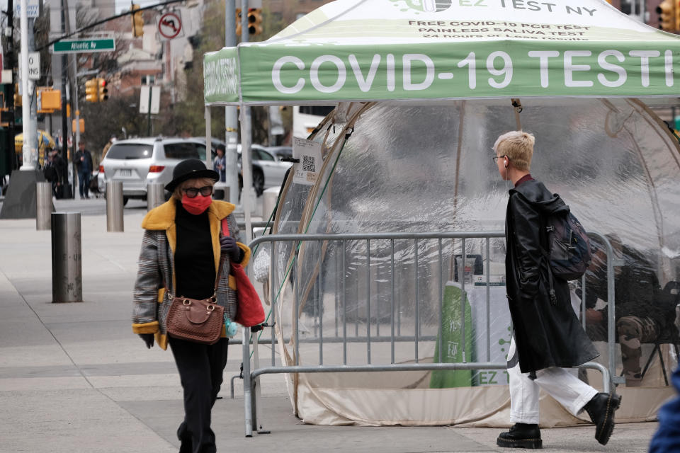 A COVID-19 testing site stands on a Brooklyn street corner on April 18, 2022 in New York City.  / Credit: Getty Images