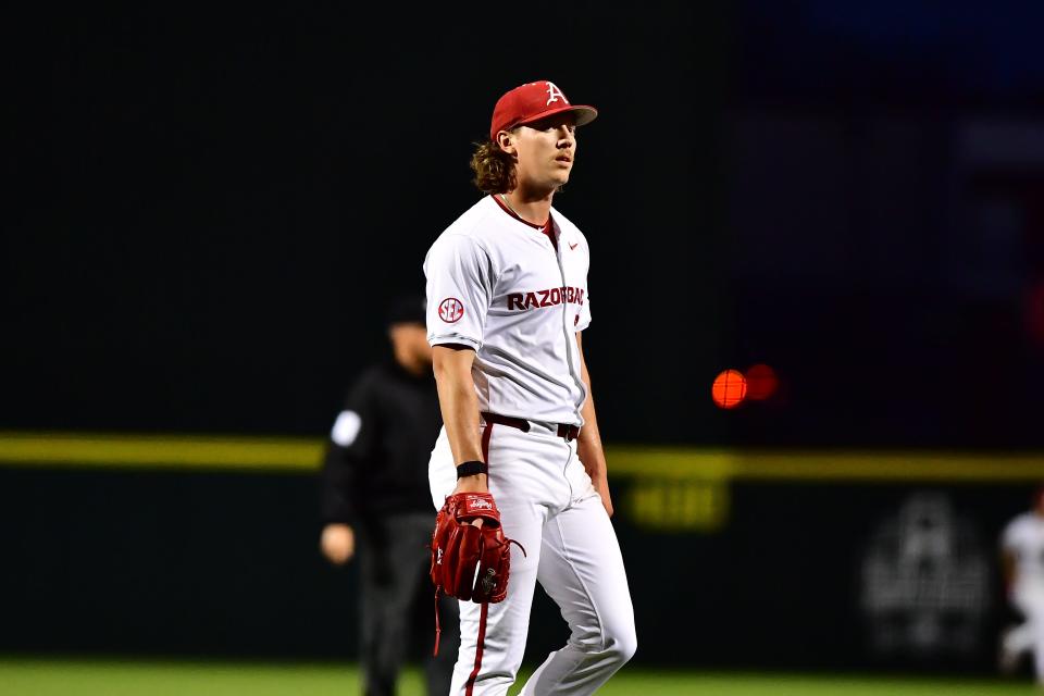 Arkansas baseball's Hagen Smith walks off the mound after his final inning of work against LSU Thursday, March 28, 2024.