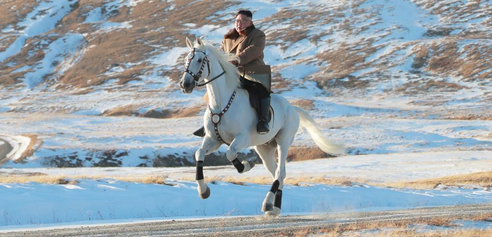 North Korean leader Kim Jong Un rides a horse during snowfall in Mount Paektu in this image released by North Korea's Korean Central News Agency. (Photo: KCNA KCNA / Reuters)