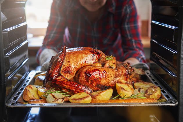 Make sure you rotate your turkey partway through cooking in the oven.