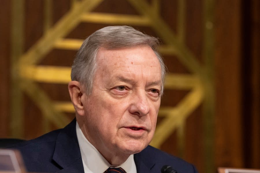 Sen. Dick Durbin, D-Ill., speaks during a hearing of the Senate Appropriations Committee on President Biden's supplemental funding request for Health and Human Services Secretary Xavier Becerra and Homeland Security Secretary Alejandro Mayorkas, on Capitol Hill, Wednesday, Nov. 8, 2023, in Washington. (AP Photo/Alex Brandon)