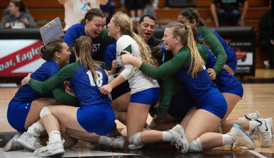 Seacrest celebrates their win over Boca Raton Christian in three sets in the FHSAA Class 2A volleyball state championship on Saturday, Nov. 12, 2022, at Polk State College in Winter Haven.