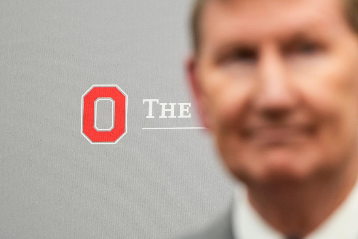 Walter "Ted" Carter Jr. speaks to members of the media on Aug. 22, 2023, after the Ohio State University Board of Trustees named him the school’s new president, effective in January.