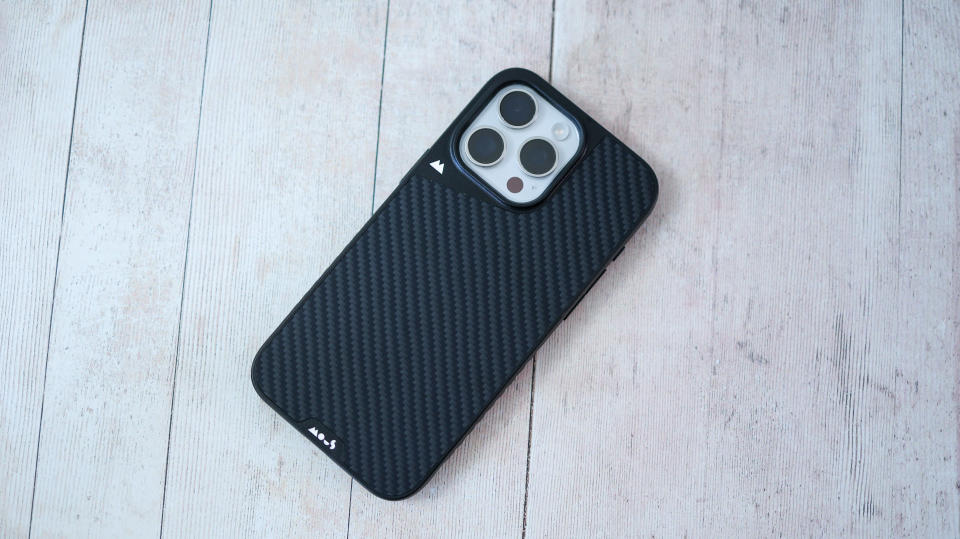 A photo of the Mous for iPhone 15 Pro Max Case MagSafe Compatible - Limitless 5.0 - Carbon Fibre case