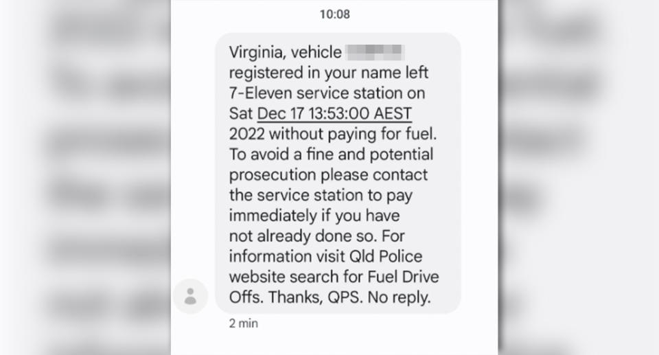 The text message Virginia received from police despite reporting her car stolen days earlier. Source: Supplied